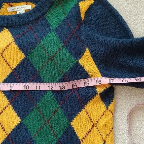American Eagle Argyle Knit Sweater Navy Yellow Green Size M NWOT Preppy Academia - Picture 11 of 12